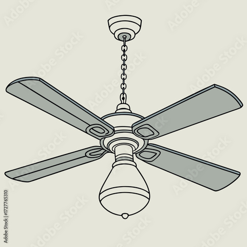 A simple line art illustration of a classic five bladed ceiling fan with a light fixture hanging from the center suspended by a decorative chain from the ceiling