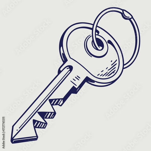 A simple hand drawn illustration of a single dark blue key with a circular keyring attached isolated on a light grey background representing access and security