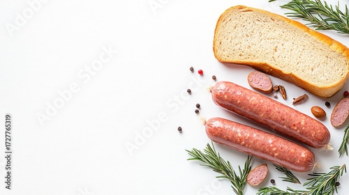 Raw sausages with bread and herbs on white background