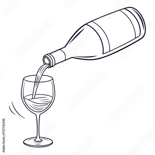 A simple line art illustration of a wine bottle pouring red wine into a wine glass with a white background showing movement lines