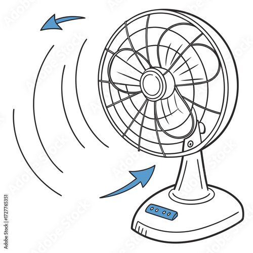 A simple line drawing illustration of a desk fan with blue arrows indicating airflow and motion representing cooling and ventilation in a clean white background