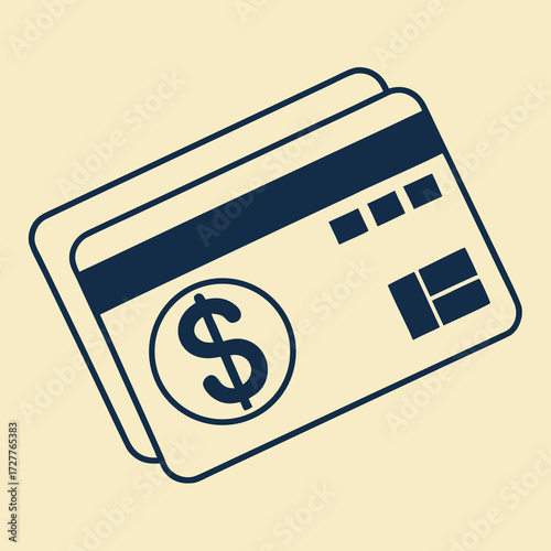 A simple modern graphic illustration of two dark blue credit cards with a dollar sign symbol on the front card representing financial transactions and payment methods