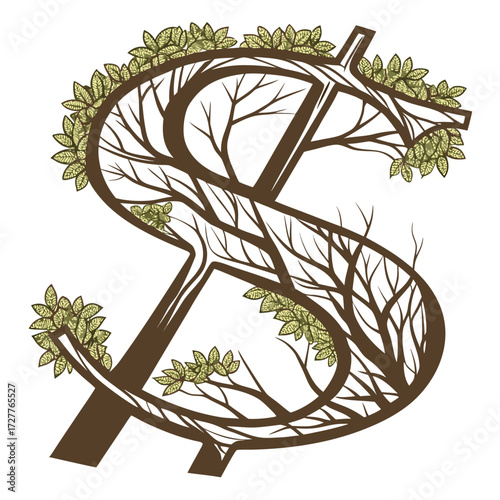 A stylized dollar sign formed by a growing tree with branches and green leaves symbolizing financial growth prosperity and wealth accumulation in a natural organic way