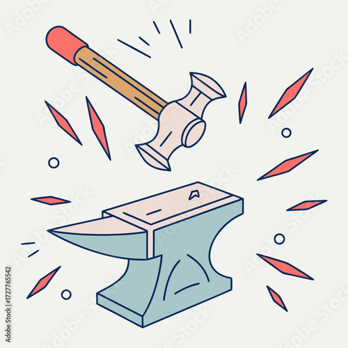 A stylized illustration of a blacksmith s hammer poised to strike an anvil with sparks flying representing the craft of metalworking and creation