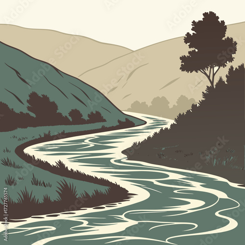 A stylized graphic illustration of a winding river flowing through a valley with rolling hills and a single tree on the right side under a pale sky