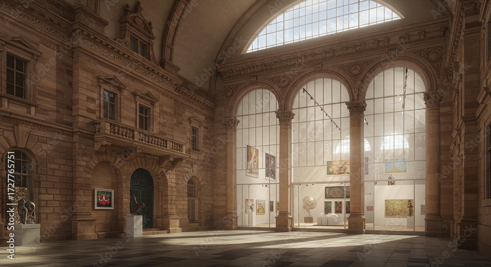 Obraz premium Majestic Museum Grand Hall with Arched Windows and Art Exhibits