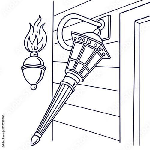 A vintage style outdoor wall lantern with a flame motif and a separate torch illustration rendered in a simple clean line art style on a white background