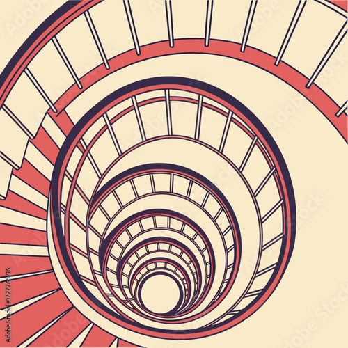 A visually striking abstract illustration of a vintage spiral staircase viewed from directly above with repeating concentric circles and a sense of depth and perspective