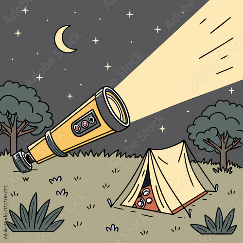 A whimsical illustration of a yellow telescope shining a bright beam of light into the starry night sky above a cozy tent with people inside