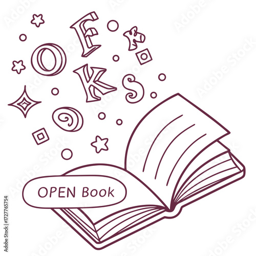 An open book with the word open book on the cover releasing letters and whimsical shapes like stars and circles into the air symbolizing imagination and learning