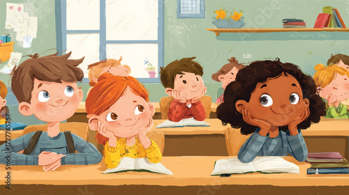 Children in a classroom daydreaming with open books.