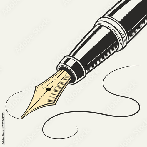 Classic black and gold fountain pen with a fine nib creating elegant swirls of ink on a light cream background symbolizing writing and creativity