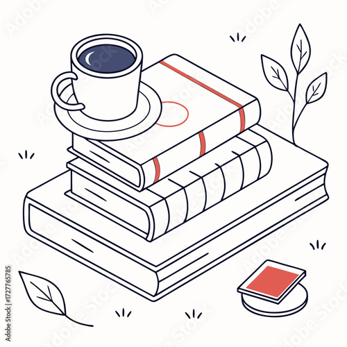 Cozy reading scene with stack of books and coffee cup illustrating relaxation and knowledge acquisition in a simple line art style