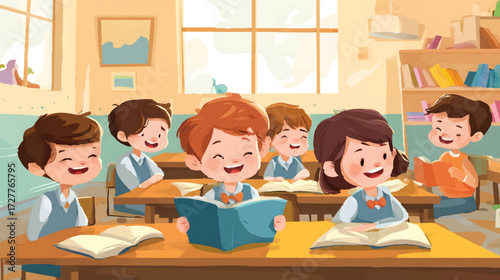 Children in a classroom daydreaming with open books.