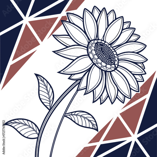 Elegant line art sunflower with geometric pattern background in navy blue and burgundy accents on white