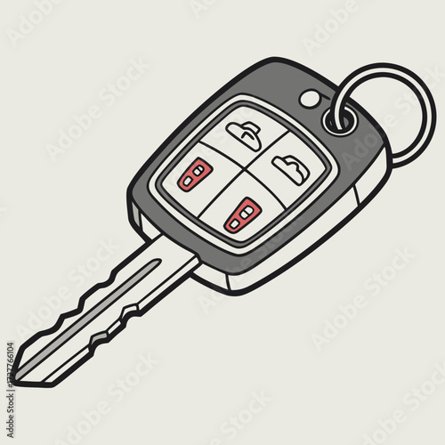 Modern car key fob with lock unlock trunk and panic buttons illustrated on a simple background