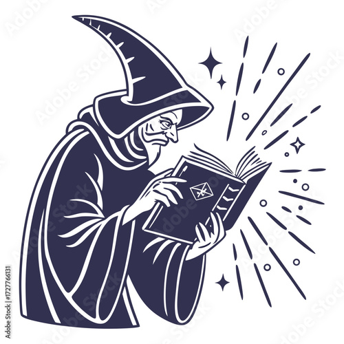 Mysterious wizard with a pointed hat reading an ancient spell book with magical sparks and stars emanating from the pages