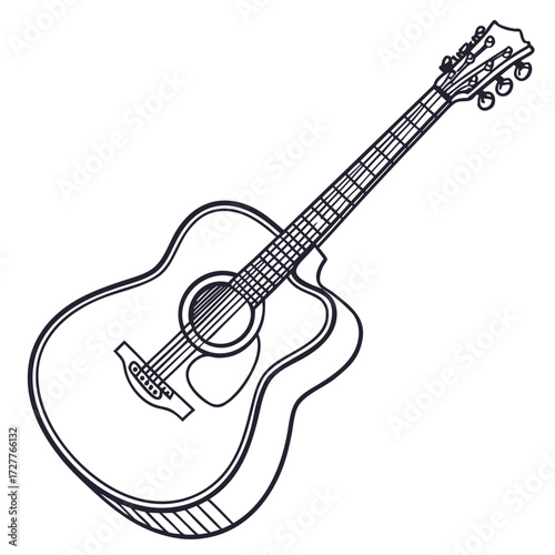 Simple hand drawn outline of an acoustic guitar with six strings and tuning pegs on a white background perfect for music related designs and illustrations
