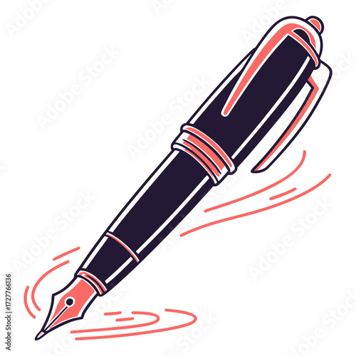 Stylish dark blue and coral fountain pen with flowing ink lines suggesting creativity and writing on a white background isolated illustration