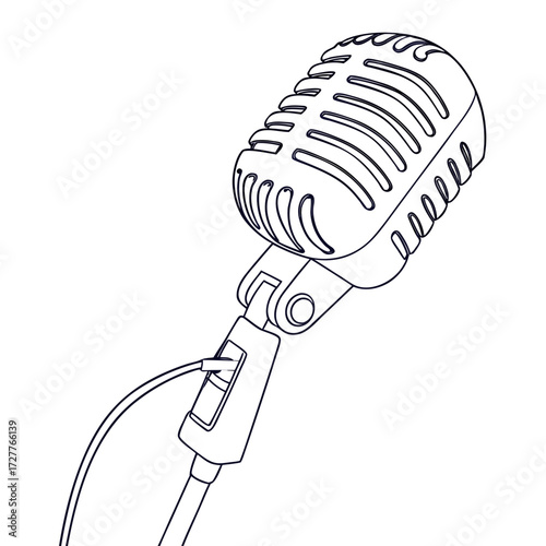 Retro vintage microphone outline illustration on a white background perfect for music podcasting and performance themes