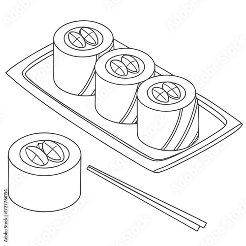 Simple line drawing of three sushi rolls on a rectangular plate with one sushi roll and chopsticks to the side presented in a clean isometric perspective for easy customization and design