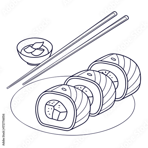 Simple outline drawing of delicious sushi rolls with chopsticks and a dipping sauce bowl on a plate perfect for culinary art and food illustration projects