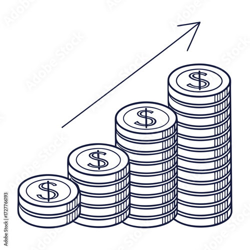Stylized line art illustration of ascending stacks of dollar coins representing financial growth and increasing wealth with an upward trending arrow symbolizing progress and success