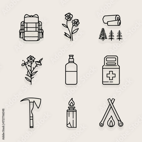 Outlined camping necessities including pack, flowers, logs, and fire