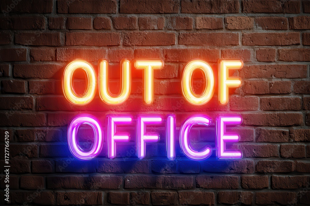 Fototapeta premium Bright out of office neon sign illuminating a rustic brick wall in a creative workspace during evening hours