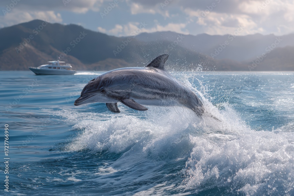 Fototapeta premium Dolphin gracefully leaps above the blue ocean water near a boat under a bright sky with distant mountains showcasing the beauty of marine wildlife