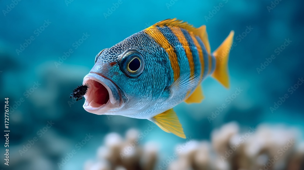 Naklejka premium Colorful fish with striking blue and orange stripes is swimming gracefully in a vibrant coral reef, showcasing its unique features and the beauty of underwater marine life in a serene environment