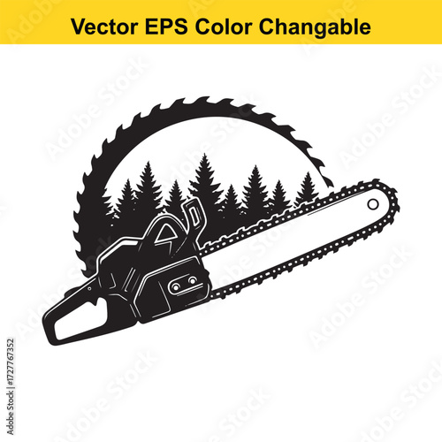 Vector art of chainsaw and pine tree silhouette
