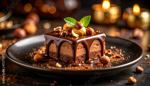 Close-up of a decadent chocolate hazelnut dessert