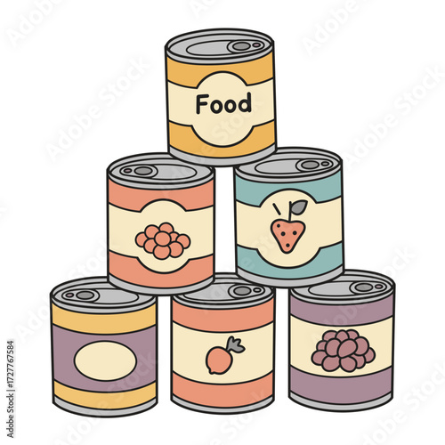 Canned food in colorful packaging stacked in a pyramid shape  