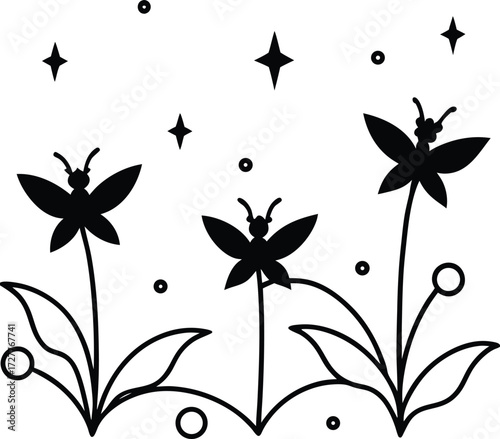 magical garden with sparkling fairies illustration on transparent background