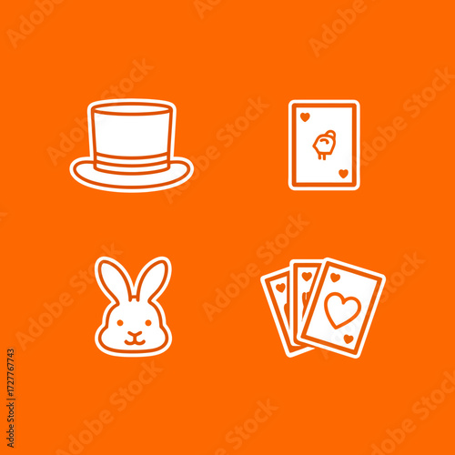 Magic Icons Top hat, rabbit, playing cards on orange background