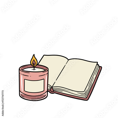 Candle near open sketchbook on white background  