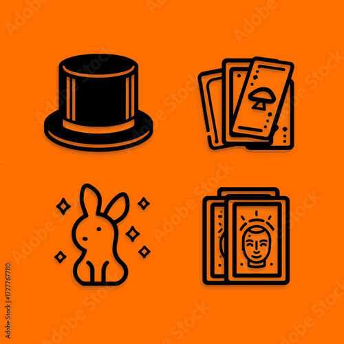 Magic icons Top hat, rabbit, cards, face. Orange background, black outlines