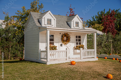 representation of a typical American house in a pumpkin village
