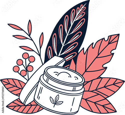 Vibrant and Colourful Skincare Cream Jar with Decorative Botanical Leaf Elements (Vector EPS)