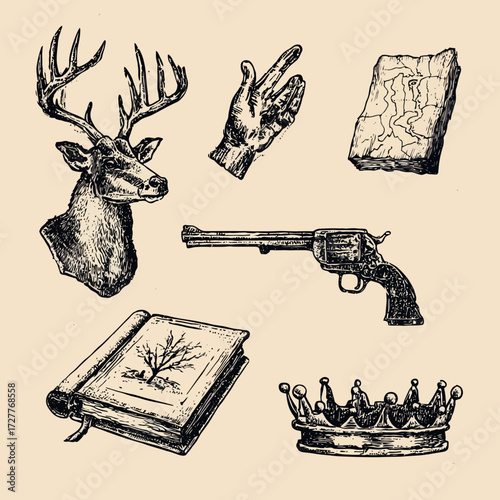 Sketch illustration with a deer, hand, books, gun and a crown on a plain background