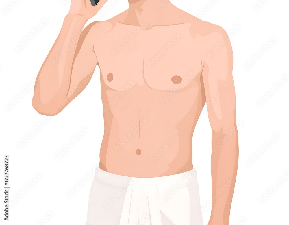 Fototapeta premium Man talking on a phone, shirtless, in a towel