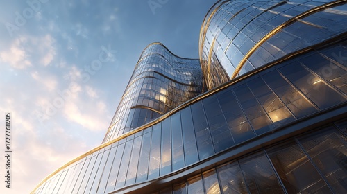 Fototapeta Naklejka Na Ścianę i Meble -  Modern architecture depicted in a 3D render, featuring a skyscraper office building. The structure showcases glass windows and a curved steel frame.
 