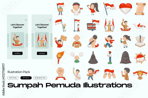 Sumpah Pemuda Illustration Set : youth, oath, and unity