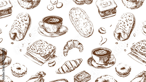 A seamless pattern featuring various baked goods and coffee items, including donuts, croissants, muffins, and cups of coffee, illustrated in a hand-drawn style
