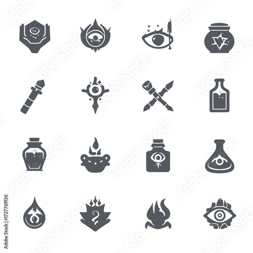 Fantasy Icons Collection of alchemy symbols, eyes, potion bottles, flame, and mystical items