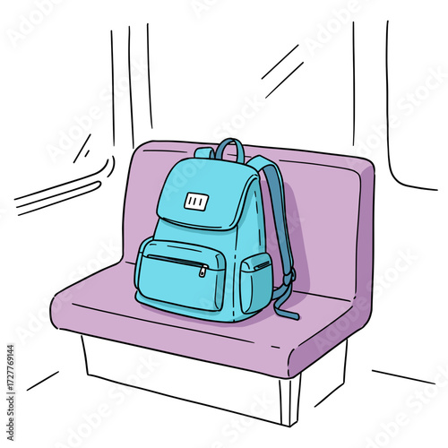Bright backpack on bus seat in subway with light colors  