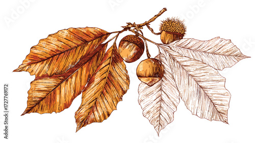 A detailed illustration of a branch with leaves and chestnuts, showcasing the natural beauty of the plant