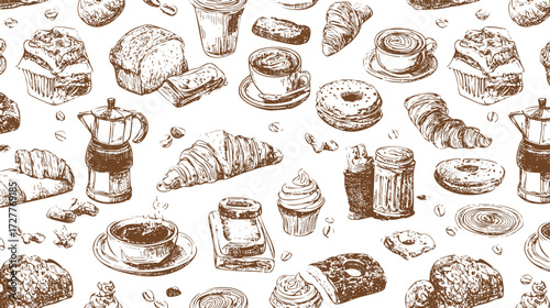 A seamless pattern featuring various baked goods and coffee items, including donuts, croissants, muffins, and cups of coffee, illustrated in a hand-drawn style