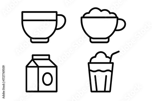 Simple line art depicting various beverages including a cup, bowl, carton, and glass with ice cream